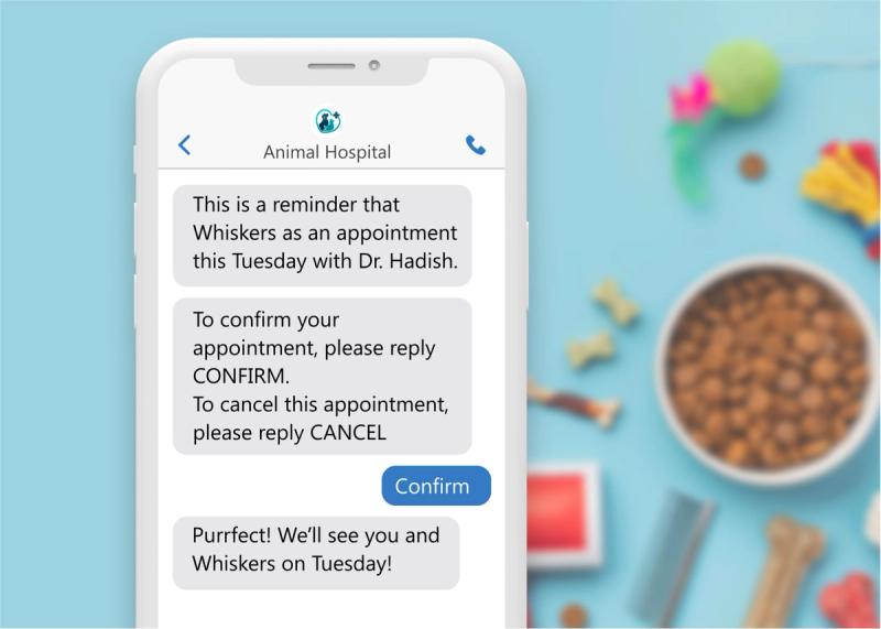 a picture of a cellphone showing a text message conversation confirming a vet appointment
