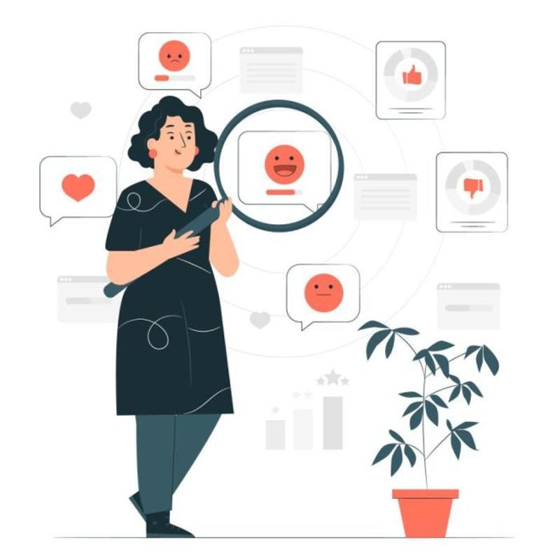 a person with a giant magnify glass next to a plant looking at different speech balloons showing emotions a person with a giant magnify glass next to a plant looking at different speech balloons showing emotions