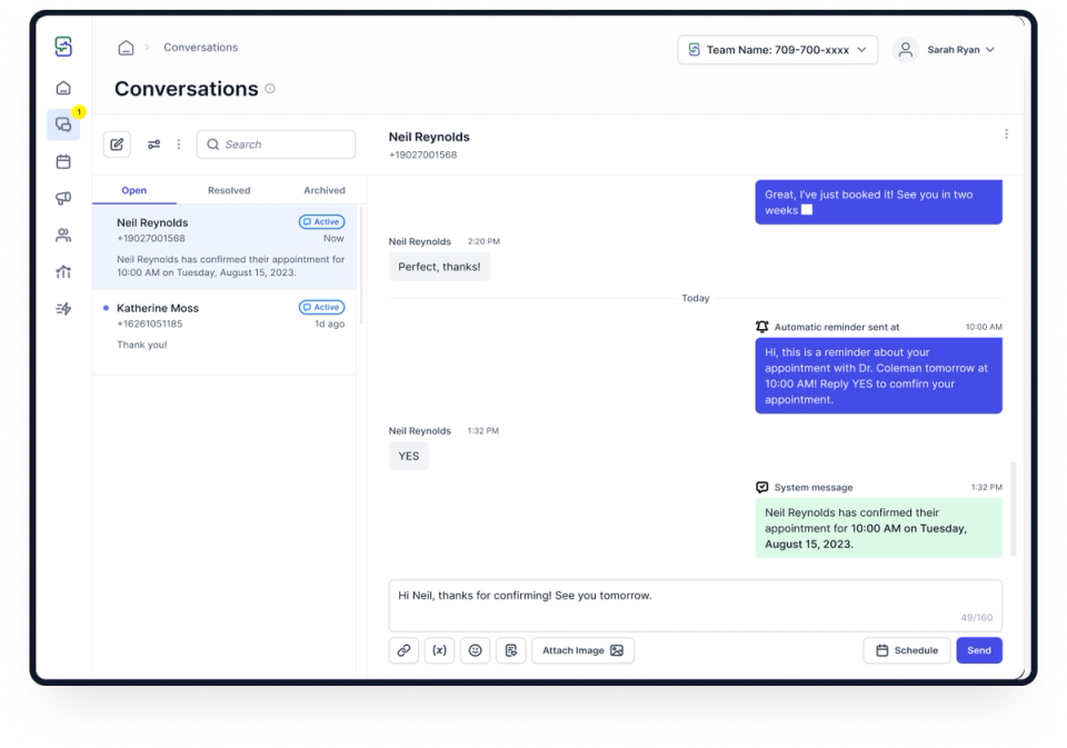 TxtSquad's conversations user interface for two-way text messaging with patients