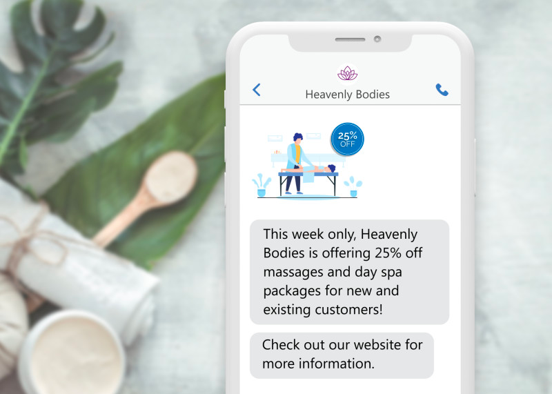 a phone with a promotional text message for 25% off a spa appointment a phone with a promotional text message for 25% off a spa appointment