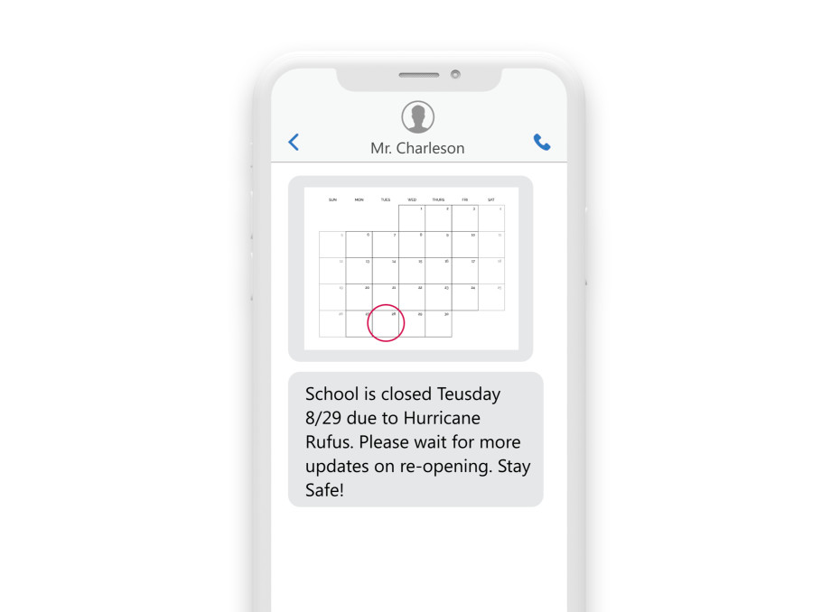 a phone showing the sms “School is closed Tuesday, 8/29, due to Hurricane Rufus. Please wait for more updates on reopening. Stay safe!”