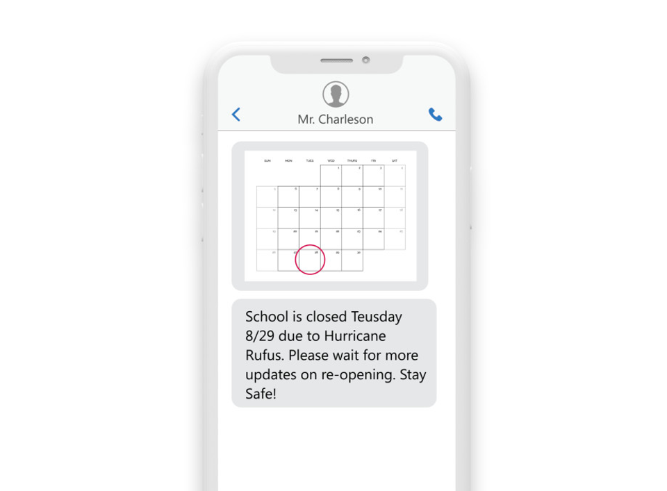 a phone showing the sms “School is closed Tuesday, 8/29, due to Hurricane Rufus. Please wait for more updates on reopening. Stay safe!”