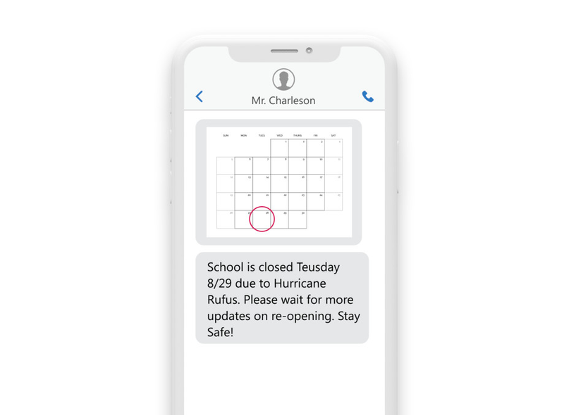 a phone showing the sms “School is closed Tuesday, 8/29, due to Hurricane Rufus. Please wait for more updates on reopening. Stay safe!” a phone showing the sms “School is closed Tuesday, 8/29, due to Hurricane Rufus. Please wait for more updates on reopening. Stay safe!”