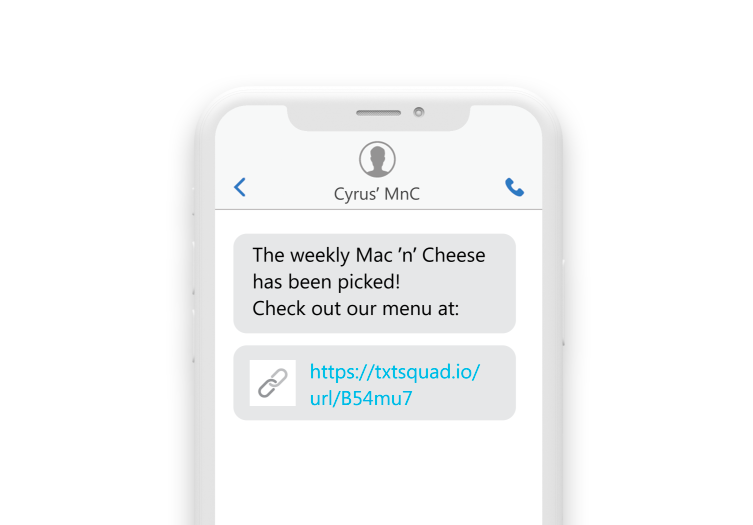 a phone showing a link with a message “The Weekly Mac N Cheeses have been picked! Check out our menu this week at Cyrus’s MNC truck: "