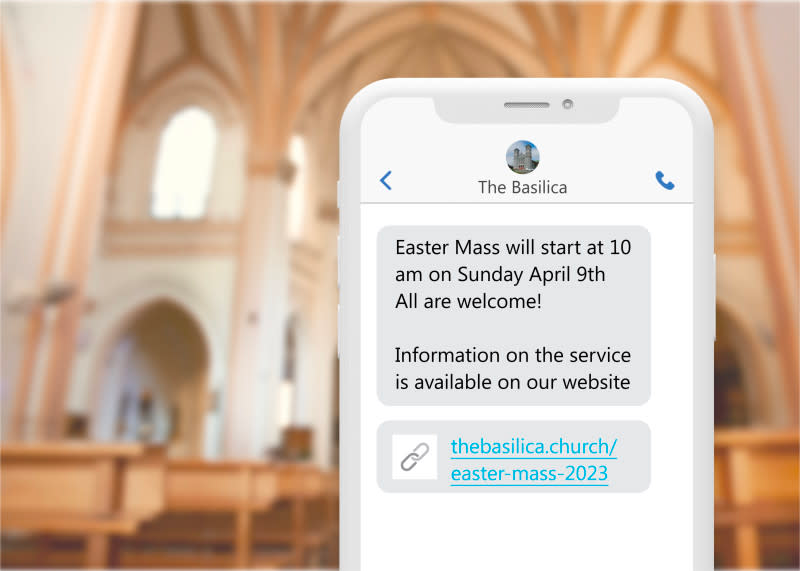 a picture of a cell phone showing a notification for an upcoming church session and a link to view more info