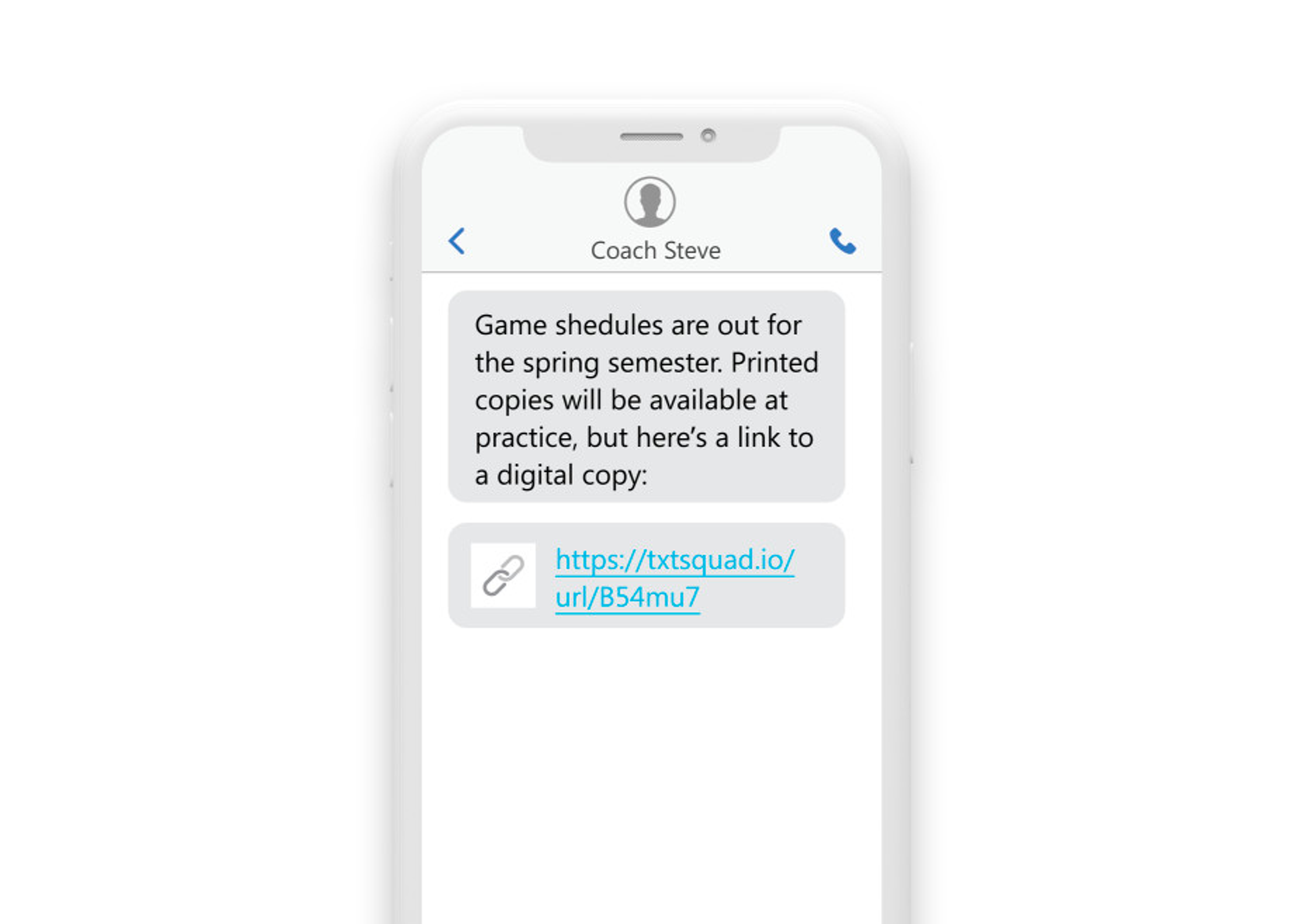 a phone sms convo reading "Game Schedules are out for the Spring semester. Printed copies will be available at practice, but here is a link to a digital copy."
