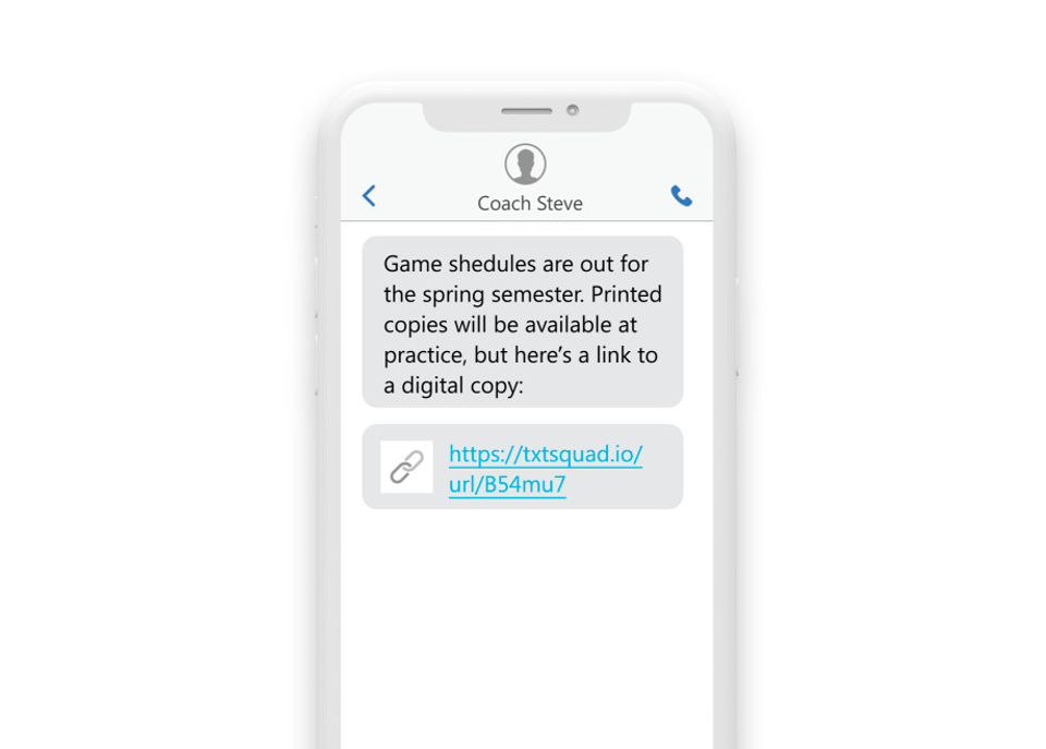a phone sms convo reading "Game Schedules are out for the Spring semester. Printed copies will be available at practice, but here is a link to a digital copy."