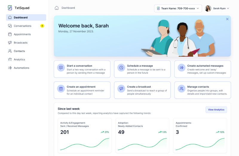 TxtSquad’s customizable dashboard is where you do all the setup and keep track of important metrics for your clinic. TxtSquad’s customizable dashboard is where you do all the setup and keep track of important metrics for your clinic.