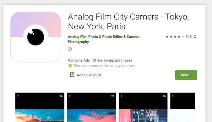 Screen capture of the Analog Film City Camera app