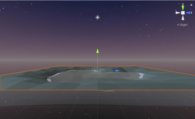 Screen capture of Unity overlaying 2 terrains with different materials, one land and one water