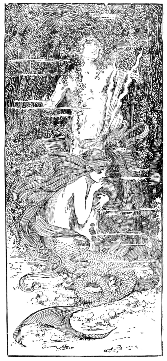 Illustration of a mermaid holding the prince's statue from Anderson's The Little Mermaid