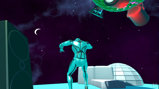 3d image of a metallic figure jumping in a space nightclub