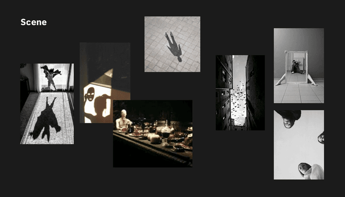 Scene moodboard, including images of shadow and eerieness