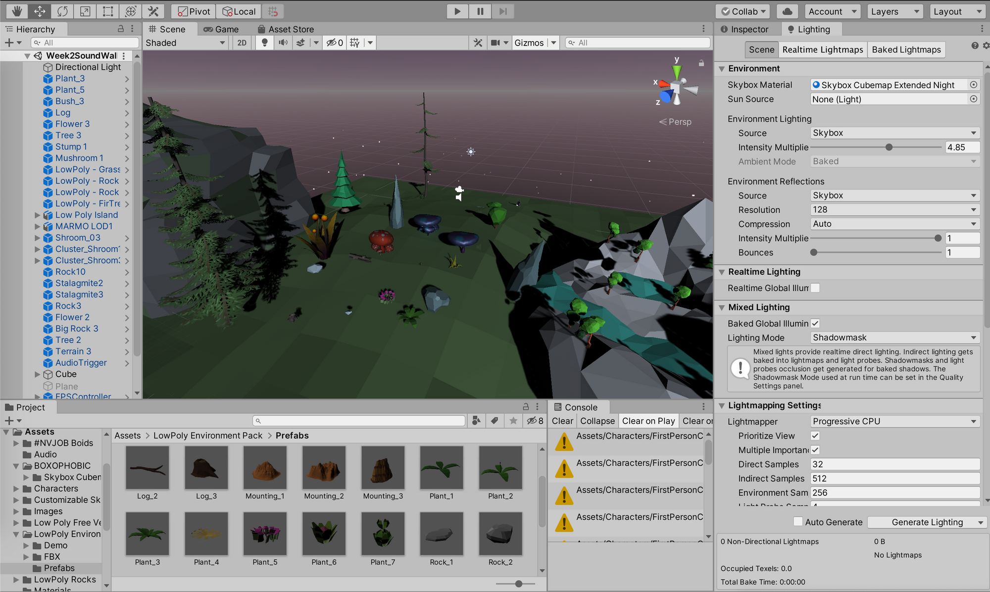 Screen capture of Unity depicting a 3d scene with vegetation