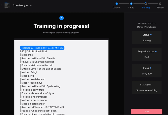 Work-in-progress screenshot of training the model