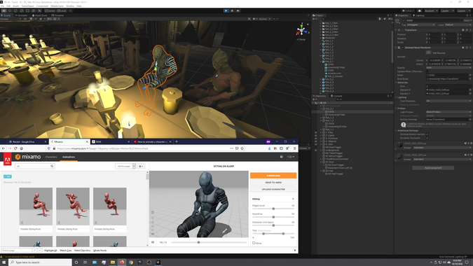 Screen capture of applying a 3d .fbx file from Mixamo to Unity scene