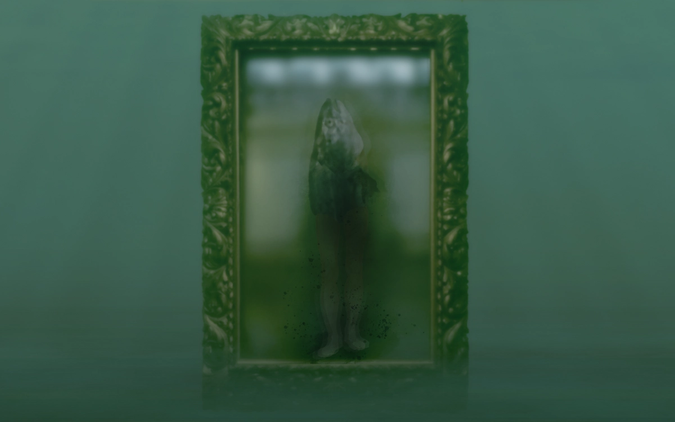 Image of a mermaid having fish head and human legs, looking at a mirror