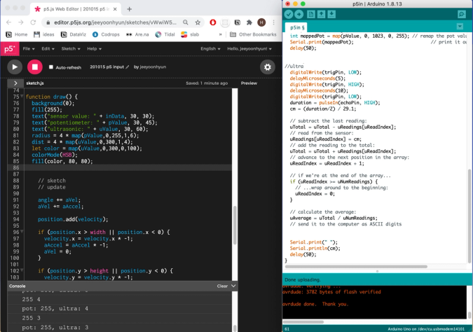 A snapshot of the p5.js and arduino code