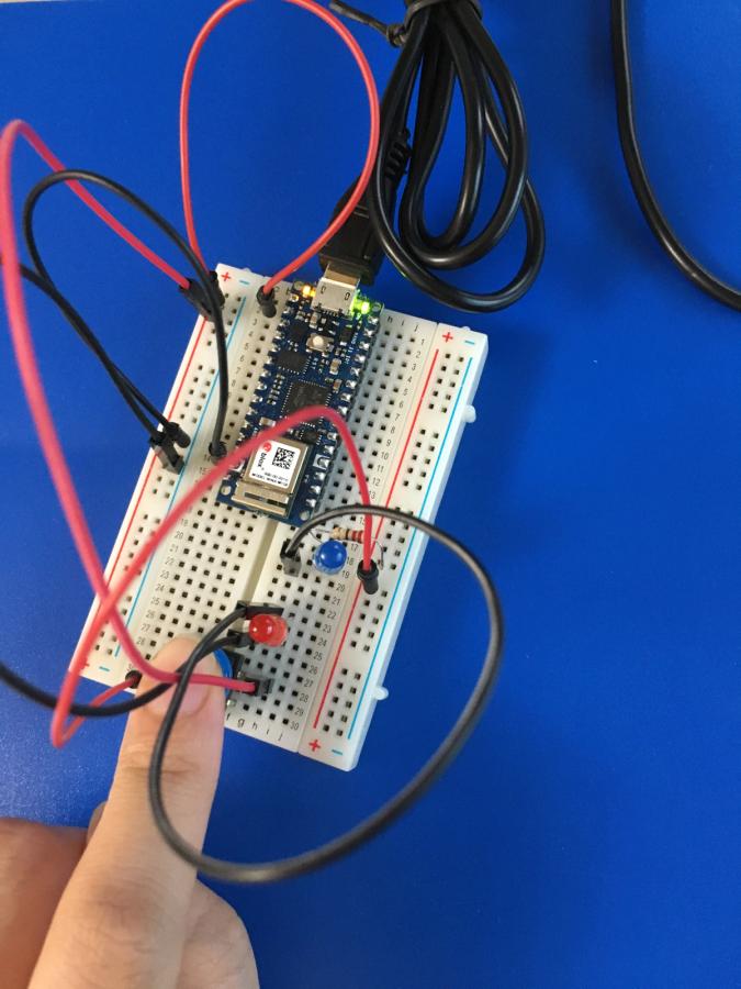 Photo of two inactive LEDs that are connected in series on breadboard with circuits