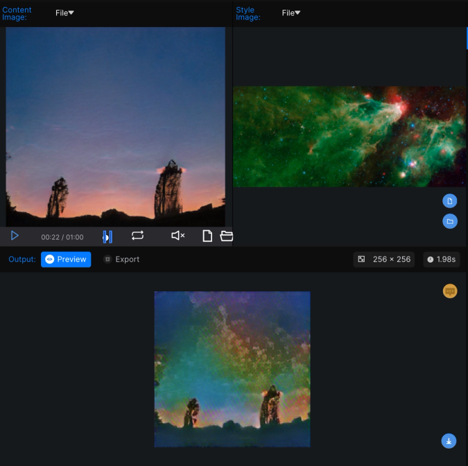 Applying nebula style transfer to the sunset video from Runway