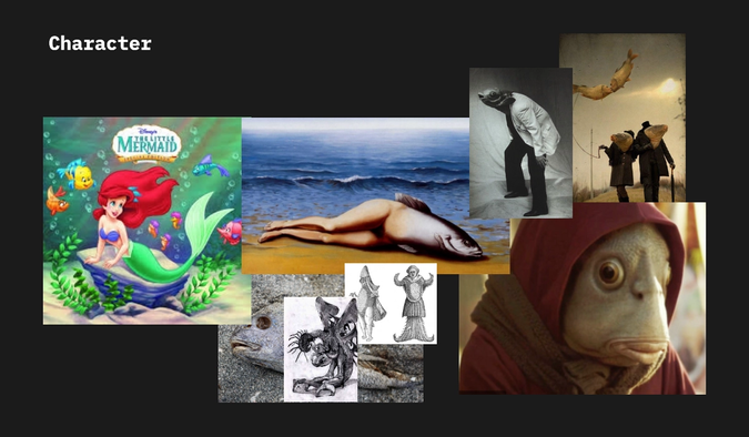Character moodboard, including various mermaid images