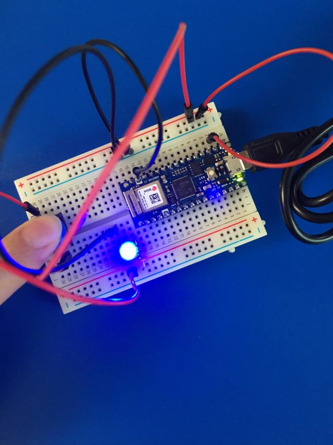 Photo of breadborad with inactive pushbutton, inactive LED and circuits