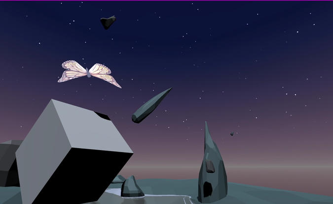 Screen capture of Unity depicting a 3d scene with a floating white cube and a flying butterfly