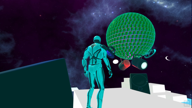 3d image of a metallic figure jumping in a space nightclub