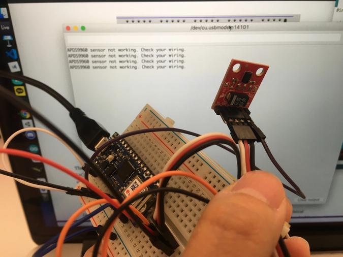 Photo of connecting the RGB Sensor to the arduino and an error message in the laptop's serial monitor