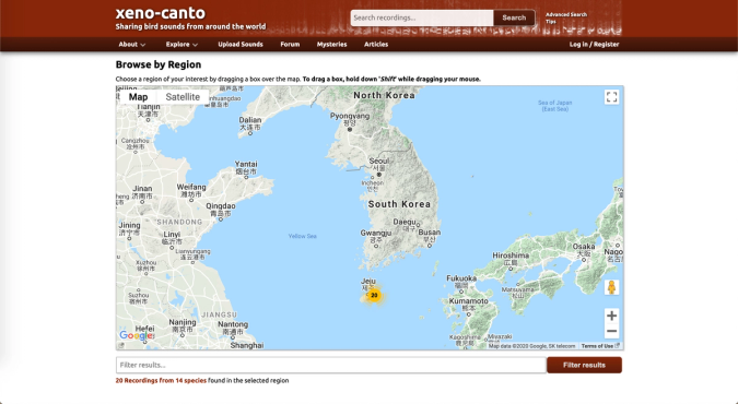 A screen capture of searching audio files from the Xeno-canto website, using a map of Jeju Island