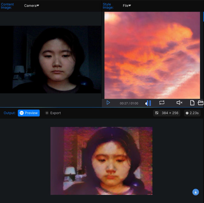 Applying the sunset style transfer to my webcam