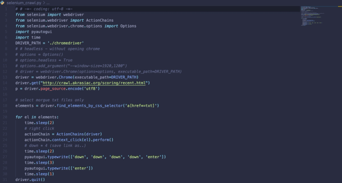 Screen capture of python code for running Selenium