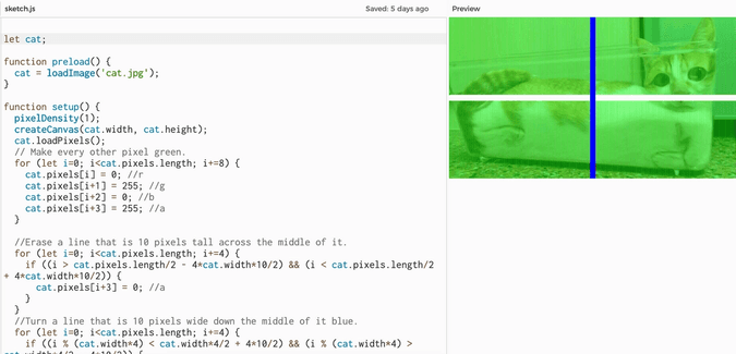 Screen capture of manipulating cat picture by accessing the array of p5.Image object