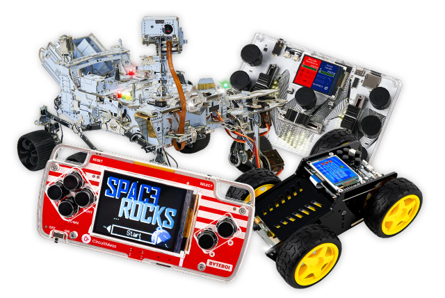CircuitMess NASA Mars Perseverance Rover, Wheelson, Jay-D and ByteBoi on a transparent background