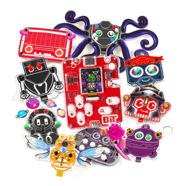 CircuitMess Robby, Bob, Marv, Mr. Bee, Artemis, Capacitor, Resistron, Buttons, Hertz, and Bit 2.0 on a white background