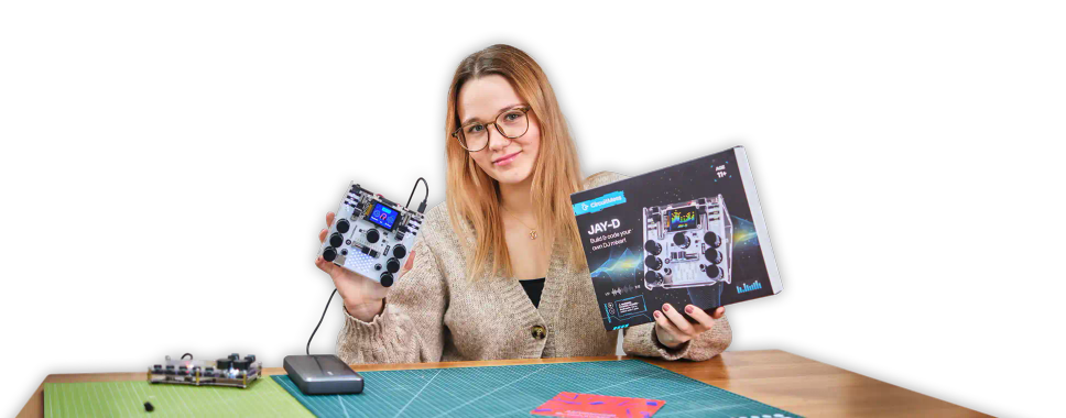 Woman playing with CircuitMess Jay-D