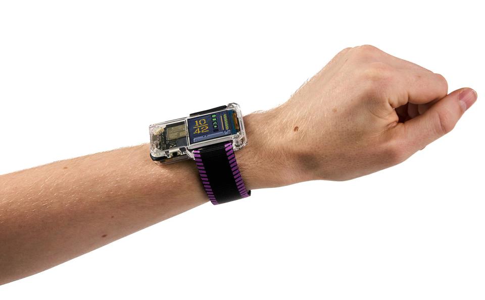 CircuitMess Artemis Watch Strap in color Vilolet Supernova on a person's hand