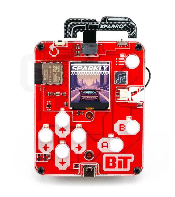 CircuitMess Bit with a Sparkly game token attached, unlocking a secret Bit game