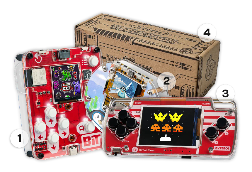 CircuitMess Bit, ByteBoi, Codee, and Tools Pack on a transparent background