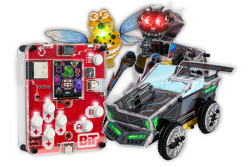 CircuitMess Bit, Sparkly, Charlie, Mr. Bee on a transparent background