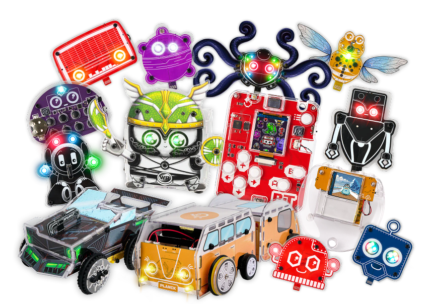 CircuitMess Bob, Buttons, Artemis, Marv, Mr. Bee, Resistron, Capacitron, Hertz, Robby, Planck, Harald, Sparkly, Codee 2.0 and Bit 2.0 on a transparent background
