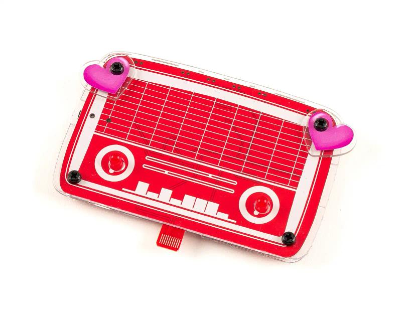 CircuitMess Hertz with additional stickers on a white background