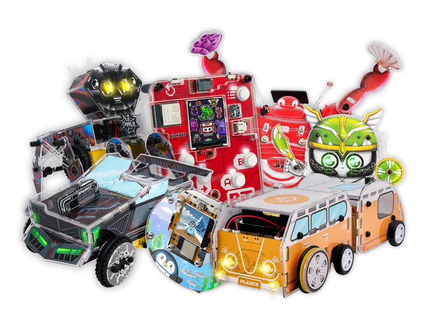 CircuitMess Sparkly, Charlie, Codee, Planck, Harald, Dusty, and Bit on a transparent background