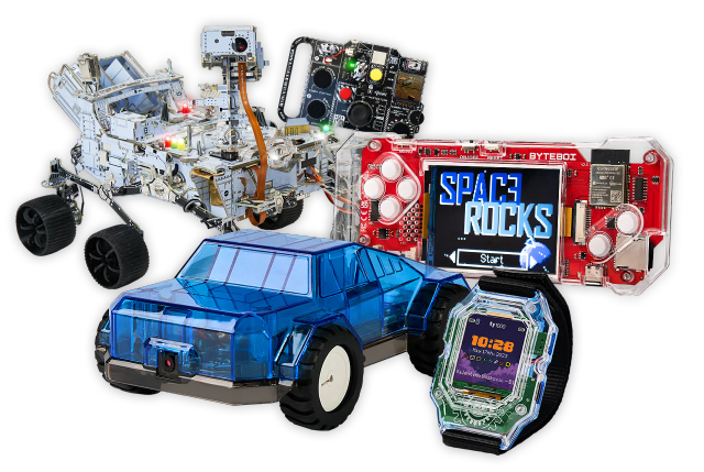 CircuitMess NASA Mars Perseverance Rover, ByteBoi 2.0, Wheelson 2.0 and Clockstar 2.0 on a transparent background.