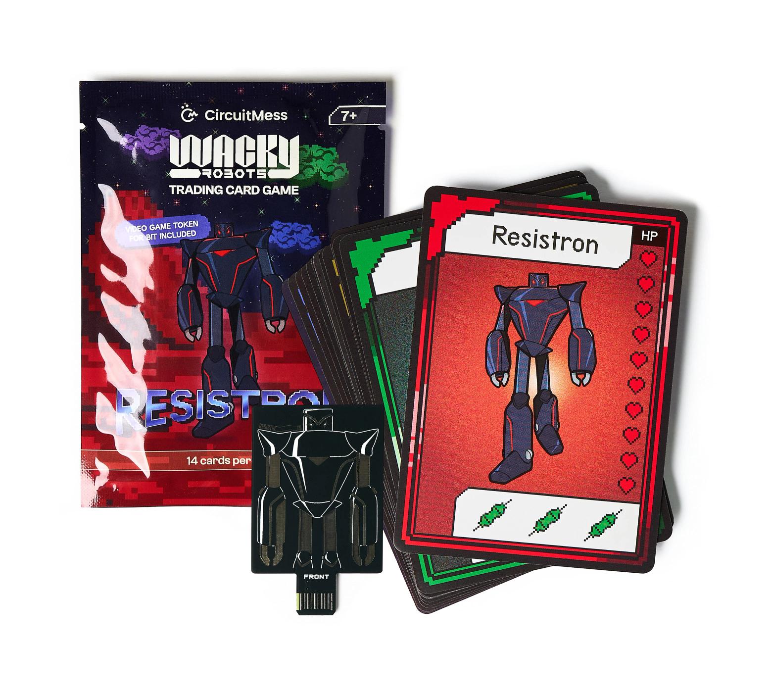 CircuitMess Bit Expansion Resistron package, cards and token on a white background.