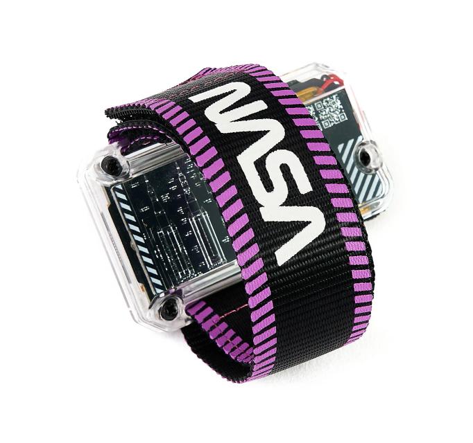 CircuitMess Artemis Watch Strap in color Violet Supernova on NASA Artemis Watch on white background
