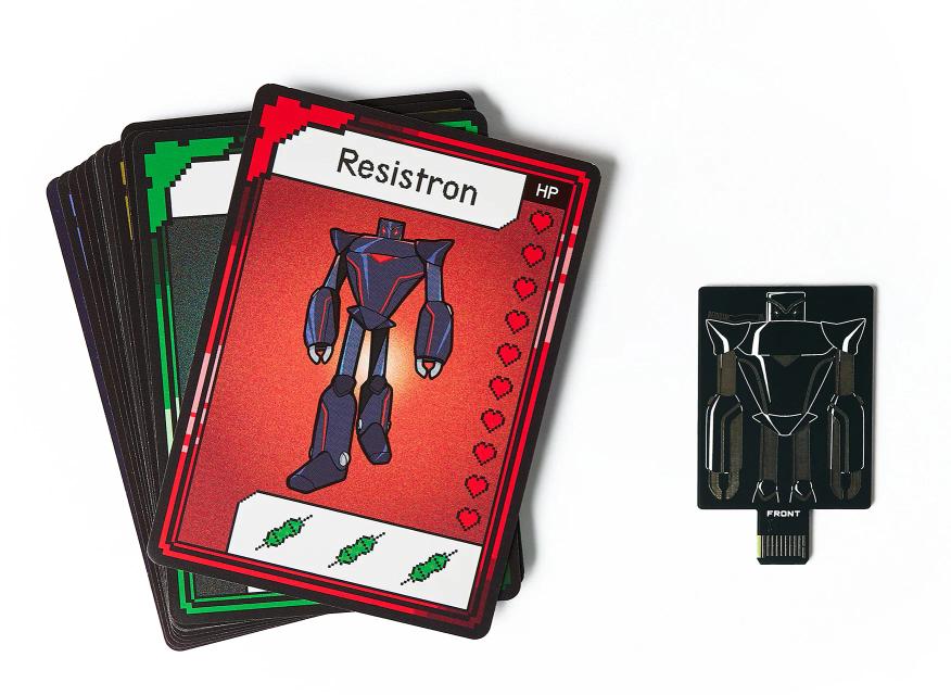 CircuitMess Bit Expansion Resistron cards and token on a white background.