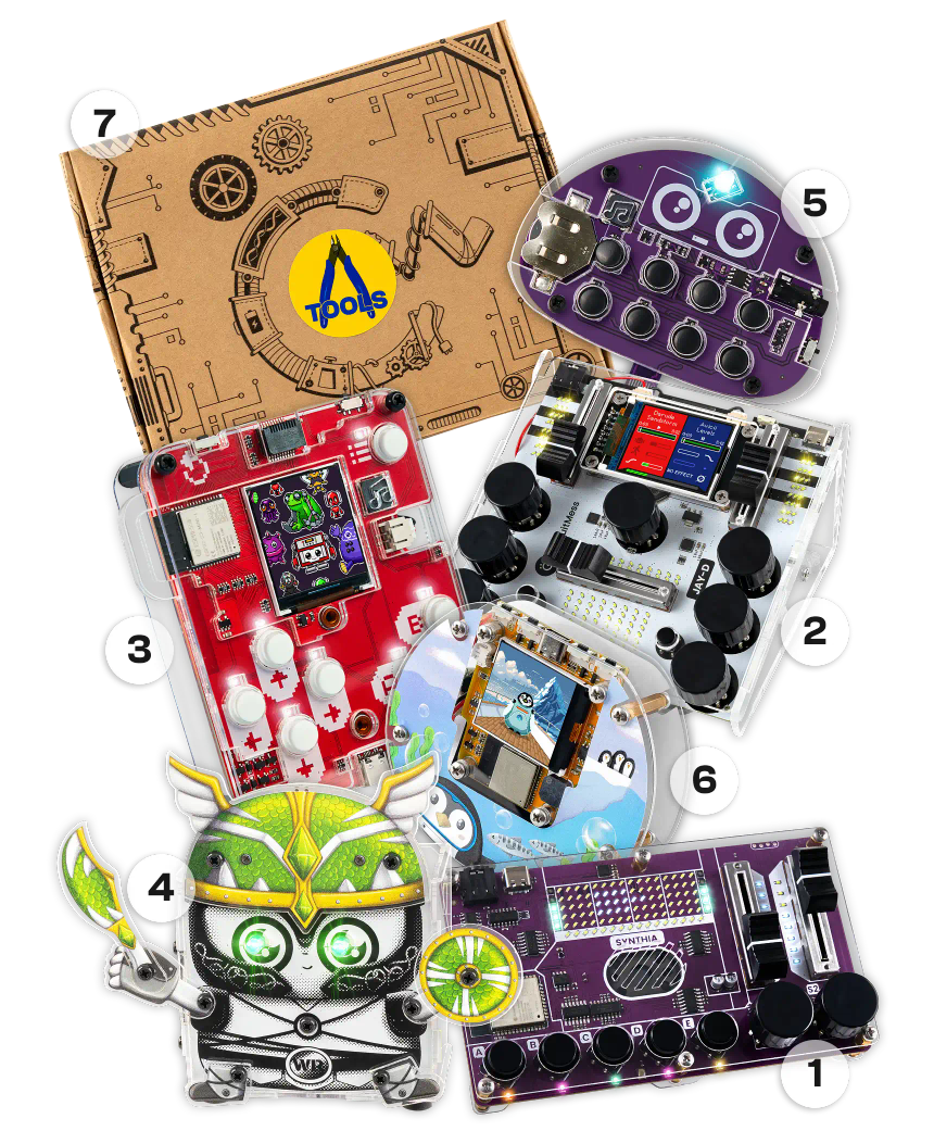 CircuitMess Synthia, Jay-D, Bit, Harald, Buttons, Codee, Tools Pack on a transparent background