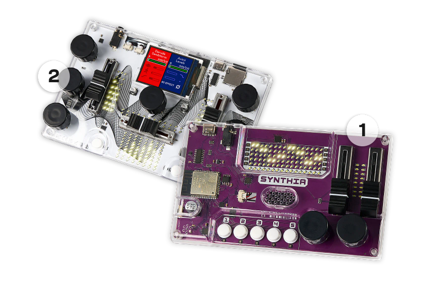 CircuitMess Jay-D 2.0 and Synthia 2.0 on a transparent background.