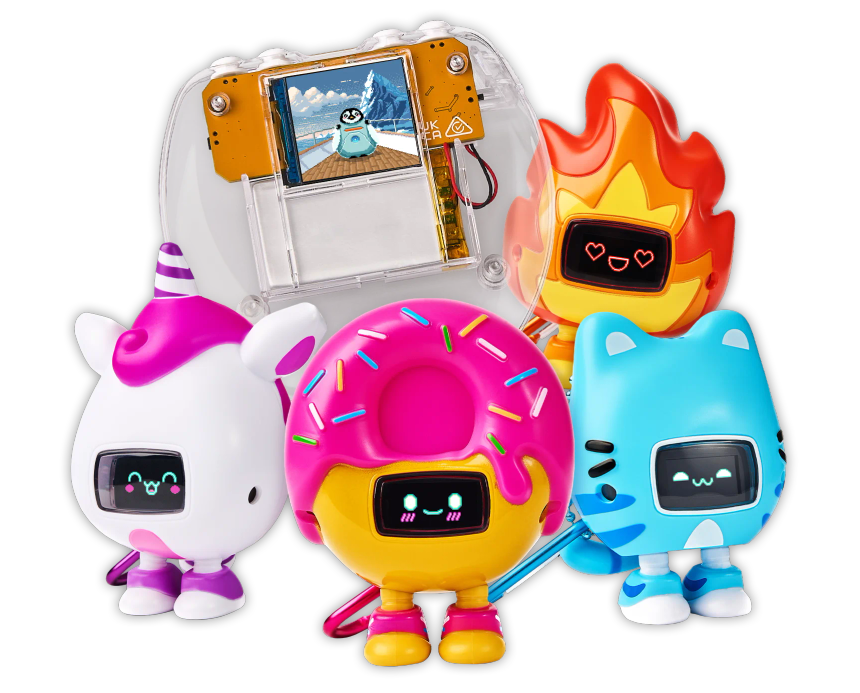 CircuitMess Codee 2.0, Beep Boop Kirin, Miao Miao, Mochi and Tochi on a transparent background.